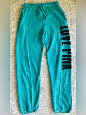 LOVE PINK Victoria’s Secret Teal Graphic Jogger Sweatpants Sz XS